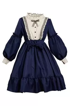 Готическая Лолита Цельное платье Лолита с длинным рукавом Цельная юбка Лолита в стиле ретро Милая Лолита с высокой талией Кружевные оборки Костюм Клароли Одежда Фото тёмно-синий