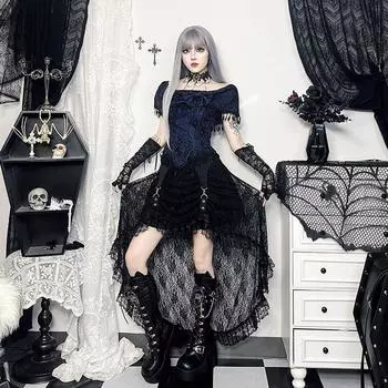 Готическая лоскутная кружевная складка асимметричная юбка темные оборки с высокой талией А-силуэта миди юбки женская мода уличная одежда S чёрный