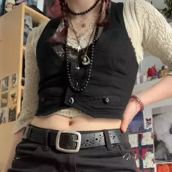 Готическая модная винтажная куртка-жилет, однотонная эстетичная винтажная тонкая уличная одежда на пуговицах, шикарный жилет, топы, повседневные майки без рукавов, укороченные S чёрный