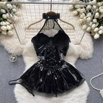 Готическая ночная рубашка со шнуровкой и открытой спиной в стиле панк-платье с летучими мышами в стиле панк-кожаное платье-халтер для женщин