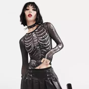 Готическая панк-рубашка женская с рисунком скелета, круглый вырез, длинный рукав, укороченный топ, черная темная академическая одежда, футболки y2k, уличная одежда S чёрный