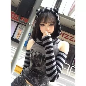 Готическая полосатая лоскутная толстовка с капюшоном для женщин в японском стиле, винтажный панк-принт с кошкой, тонкие пуловеры, мягкие, для девочек, 2000-е годы S серый