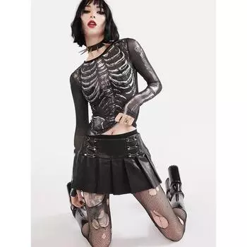 Готическая рубашка в стиле панк 2000-х годов, женская рубашка с круглым вырезом и длинными рукавами, укороченный топ, черная темная академическая одежда, футболки Y2k, уличная одежда S чёрный