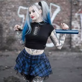 Готическая синяя клетчатая юбка Y2K с высокой талией, на шнуровке, в стиле пэчворк, юбки для вечеринок и улиц S синий