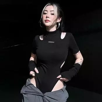 Готическая технологичная одежда в стиле панк, облегающее женское боди в готическом стиле Y2k, черные сексуальные летние топы с вырезами и перчатками, модная уличная одежда в стиле гранж L чёрный