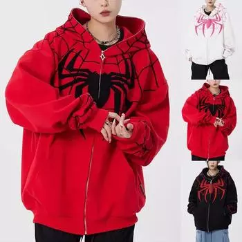 Готическая темная куртка с капюшоном и принтом паука, свободная мужская и женская куртка-свитер с полной цепочкой M белый