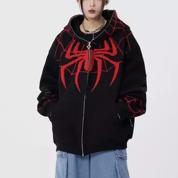 Готическая темная куртка с капюшоном и принтом паука, свободная мужская и женская куртка-свитер с полной цепочкой L белый