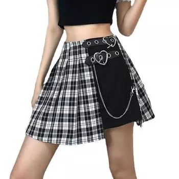 Готическая юбка в черно-белую клетку, уличная юбка с пуговицами и боковыми разрезами, женская сексуальная короткая мини-юбка, юбка S чёрный