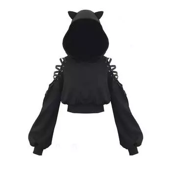 Готическая укороченная толстовка с капюшоном, женская толстовка, гот, укороченный топ с милым котом, пуловер с длинными рукавами и капюшоном 5XL чёрный