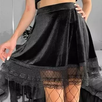 Готическая винтажная черная кружевная бархатная юбка с высокой талией А-силуэта сексуальные мини-юбки S чёрный