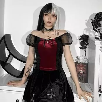 Готические бархатные футболки с пышными рукавами и лоскутными укороченными топами с бантом, облегающие футболки S чёрный