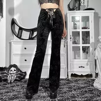 Готические бархатные расклешенные брюки с принтом в стиле панк, сексуальные брюки на шнуровке с низкой талией S чёрный