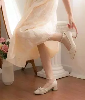 Готические белые туфли для женщин 2024 года на среднем каблуке Мэри Джейн Бант Японский стиль Лолита Женская летняя обувь Kawaii Pearl EA 34