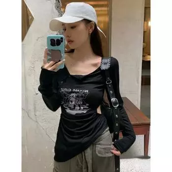 Готические футболки Harajuku с вырезом, женские, торговый центр, готический, манга, мультяшный принт, черная футболка, дизайн, топы с длинными рукавами 2024 S чёрный