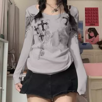 Готические футболки с графикой в стиле Харадзюку, женские топы в готическом стиле в стиле гранж Y2k, винтажная уличная одежда, футболки с длинными рукавами, осень S серый