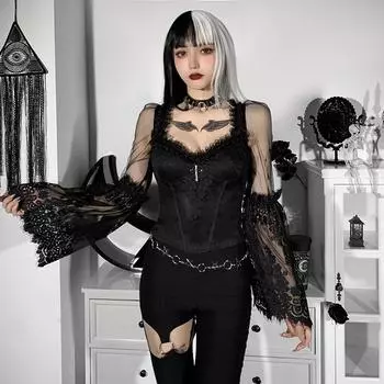 Готические футболки с корсетом и V-образным вырезом в стиле панк, расклешенные кружевные укороченные топы с длинными рукавами S чёрный