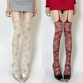 Готические летучая мышь Длинные сексуальные ажурные чулки женские Harajuku Альтернативные сетчатые колготки летучая мышь Нижнее белье Skin Thigh Подвязки Чулочно-носочные изделия one Size чёрный