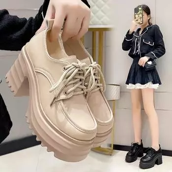 Готические лоферы на высоком каблуке для женщин, новые кожаные лоферы на платформе, женские однотонные туфли в стиле Лолиты на толстом каблуке 2024 35 чёрный