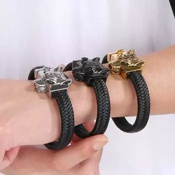 Готические мужские браслеты, кожаный браслет с головой волка, золотой цвет, нержавеющая сталь, наручный браслет, мужские ювелирные изделия викингов, подарки 21CM серебряный