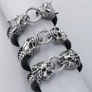Готические мужские браслеты с изображением льва, волка, черепа, головы, кожа и черный/золотой цвет, нержавеющая сталь, мужской браслет на запястье, ювелирные изделия, аксессуары 23CM красный