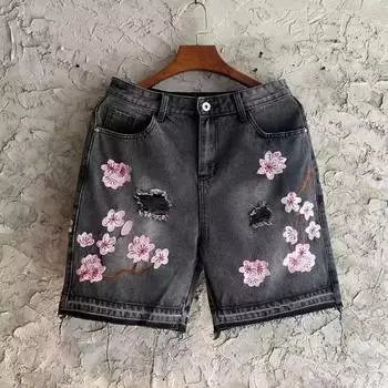 Готические мужские и женские джинсовые шорты с вышивкой в виде цветка вишни, джинсы Y2K, мешковатые шорты в стиле Харадзюку в стиле хип-хоп в стиле ретро, модные повседневные брюки S