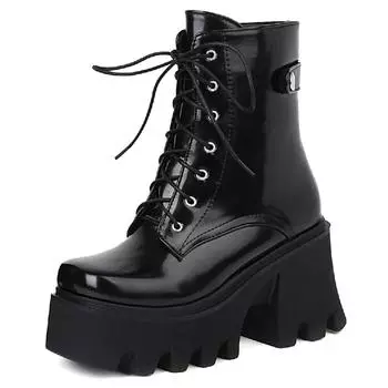 Готические панк-уличные женские ботильоны на платформе 2024 года, короткие ботинки на толстом высоком каблуке, новые модные дизайнерские черные зимние туфли на шнуровке 34 чёрный
