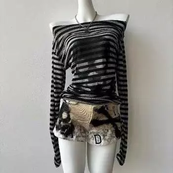 Готические полосатые женские футболки с открытыми плечами Harajuku Sexy Punk Черные графические топы в японском стиле Gyaru Streetwear S чёрный