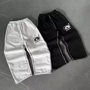 Готические ретро-брюки с вышитыми буквами для мужчин, спортивные брюки Y2k American с высокой талией, свободные повседневные универсальные широкие брюки для женщин S чёрный