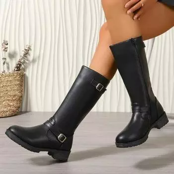 Готические сапоги с пряжкой на поясе для женщин, черные, на толстом каблуке, высокие сапоги до колена, женские, большого размера 43, длинные, женские, 2025 35 чёрный