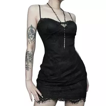 Готические сексуальные черные кружевные бейки с открытой спиной и лямками, облегающие вечерние платья Y2K, эстетические тонкие мини-платья без рукавов, женское летнее платье