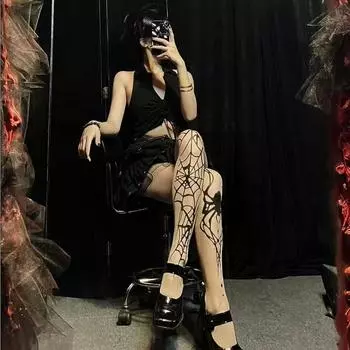 Готические сексуальные колготки Хэллоуин Паутина Клубные вечерние колготки Y2k Тонкие тонкие чулки Лолиты Женщины Новинка Bhs One Size чёрный