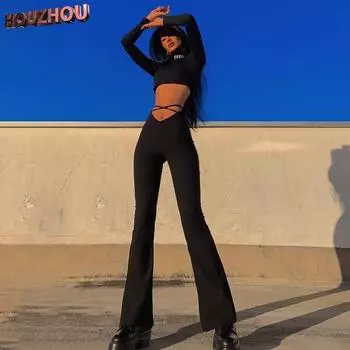 Готические сексуальные широкие брюки-клеш E Girl Elegan Эстетические корейские уличные брюки Женские брюки с низкой талией Черные повседневные брюки Cyber Y2k Club Style S чёрный