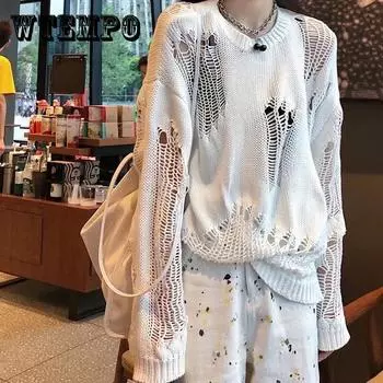 Готические свитера с отверстиями в стиле панк, женские уличные свитера в стиле Харадзюку, ажурный рваный вязаный джемпер, женский пуловер, свитер XL