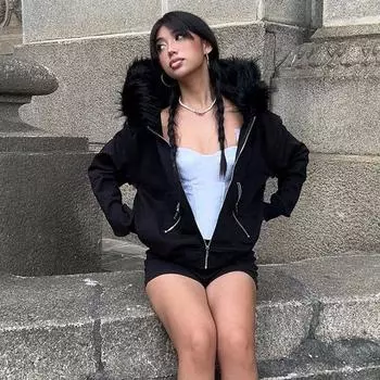 Готические темные толстовки с капюшоном и воротником из искусственного меха на молнии с карманами в стиле гранж, осенние черные куртки для женщин, уличные кардиганы Y2k S чёрный