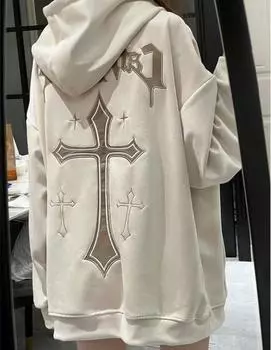 Готические толстовки Harajuku, женские пуловеры, толстовка с капюшоном и вышивкой в готическом стиле, осенняя уличная теплая одежда M абрикосовый