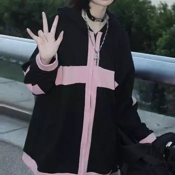 Готические толстовки на молнии в стиле Харадзюку, женские винтажные модные толстовки с капюшоном на молнии, Blakc, топы с длинными рукавами, весна 2023 M чёрный