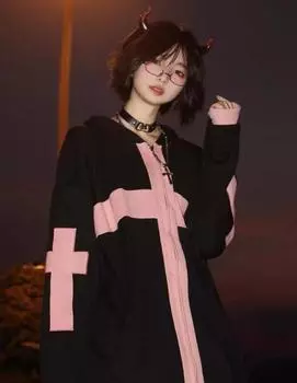 Готические толстовки на молнии в стиле Харадзюку, женские осенние готические винтажные толстовки с капюшоном на молнии, Blakc, топы с длинными рукавами, весна M чёрный