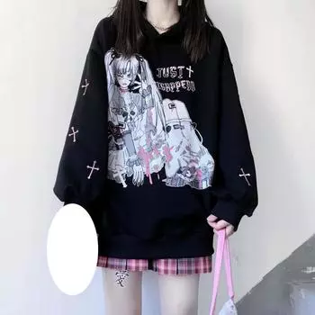 Готические толстовки с капюшоном в стиле Харадзюку, женские готические японские уличные толстовки с капюшоном с мультяшным принтом, черные топы, осень Y2k S белый