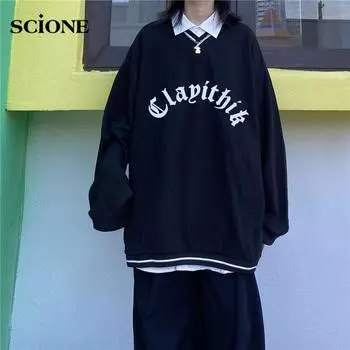 Готические толстовки с капюшоном, весенний женский пуловер в стиле Харадзюку с v-образным вырезом, свитер, свободная студенческая куртка с длинными рукавами L чёрный