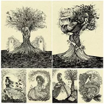 Готические ведьмы и принцесса в зачарованном лесу Ретро настенная живопись маслом Русалка Художественный постер в волнах 21cm30cm NoFrame