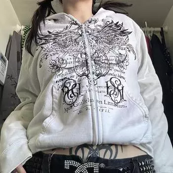 Готические винтажные толстовки Y2K гранж-графика с длинным рукавом с капюшоном толстовка Harajuku японская эстетика для женщин S серый