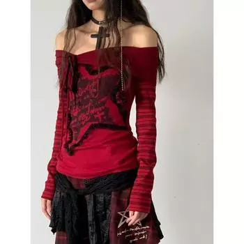 Готические женские футболки с открытыми плечами, красные, в полоску, в стиле Харадзюку, японские, эстетические, с длинными рукавами, винтажные готические сексуальные футболки S красный