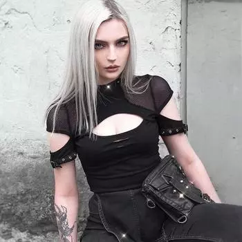 Готические женские панк черные футболки сеточка заклепки короткий рукав топы футболка S чёрный