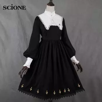 Готические женские платья Лолиты с длинным рукавом, черное вечернее платье с бантом и воротником, плиссированное кружевное готическое винтажное белое шикарное платье
