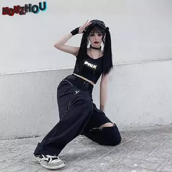 Готические женские свободные брюки-карго оверсайз с цепочкой Корейская уличная одежда Полые брюки в стиле хип-хоп в стиле гранж Панк Прямые брюки с широкими карманами S чёрный