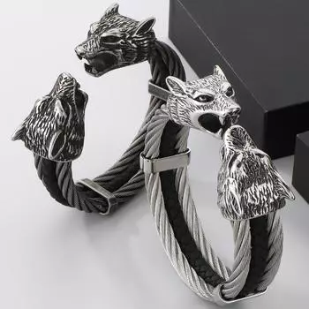 Готический эластичный двойной волчий череп открытый браслет-манжета для мужчин 12 мм витая цепочка сплошной из нержавеющей стали мужские браслеты серебряный