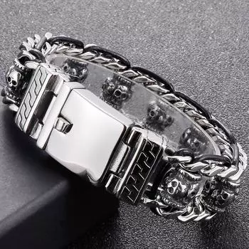 Готический байкерский браслет с головой черепа для мужчин, нержавеющая сталь 316L, мужские браслеты со звеньями, кожаный браслет в стиле панк-рок, ювелирные изделия на руку 21CM серебряный