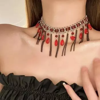 Готический бисерный чокер, цепочка на ключицу, цепочка на ключицу, темперамент, кисточка, бусины, ожерелье для девочек чёрный