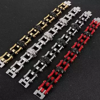 Готический браслет-цепочка для велосипеда с черепом шириной 16 мм для мужчин, тяжелый браслет из нержавеющей стали красного золота, идеально подходит для байкеров 22.5CM серебряный