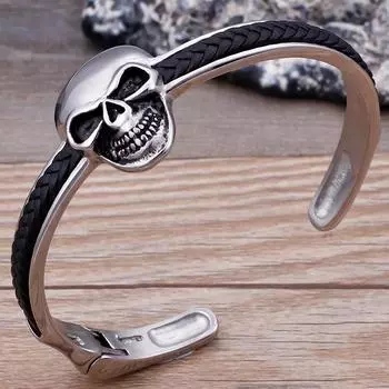 Готический браслет-манжета с черепом и открытой головкой для мужчин, однотонный плетеный кожаный браслет из нержавеющей стали, ювелирные изделия 68MM
